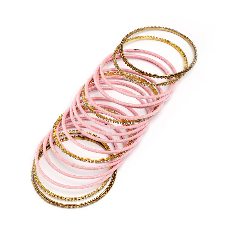 Zeneme Gold-Plated Matte Finish Pink Velvet Cz Studded Bangles Set Of 36