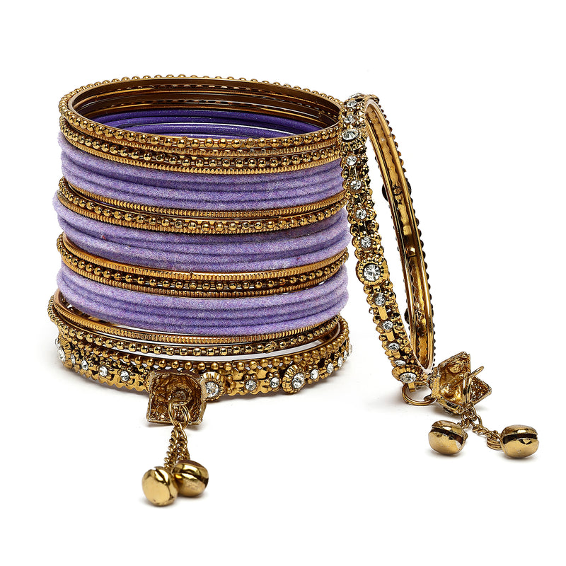 Gold-Plated Violet Matte Finish Velvet Cz Studded Tasselled Bangles Set Of 56