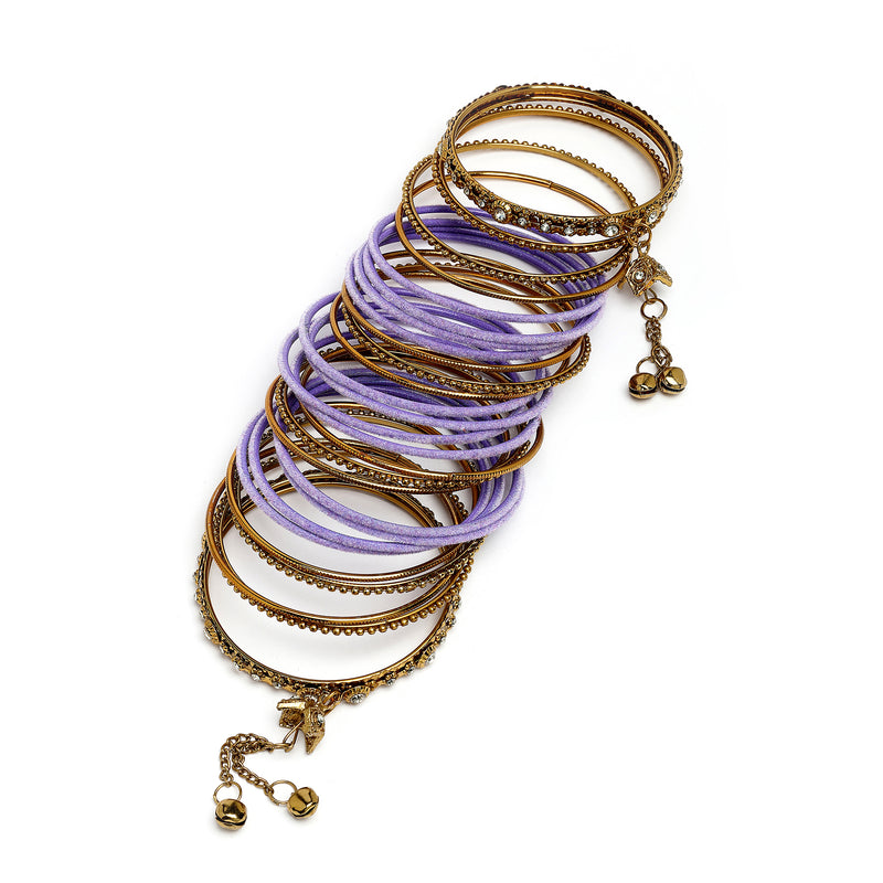 Gold-Plated Violet Matte Finish Velvet Cz Studded Tasselled Bangles Set Of 56