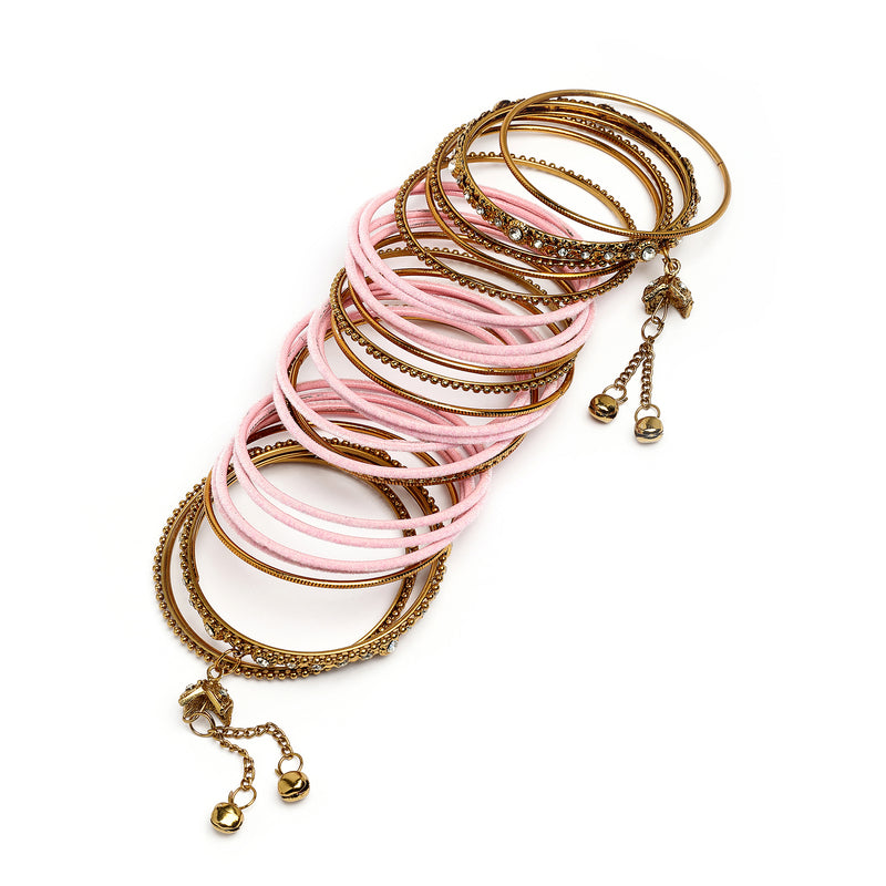 Gold-Plated Pink Matte Finish Velvet Cz Studded Tasselled Bangles Set Of 56