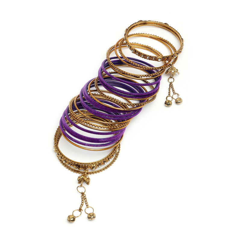 Gold-Plated Purple Matte Finish Velvet Cz Studded Tasselled Bangles Set Of 56