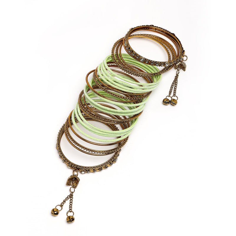 Gold-Plated Pastel Green Matte Finish Velvet Cz Studded Tasselled Bangles Set Of 56
