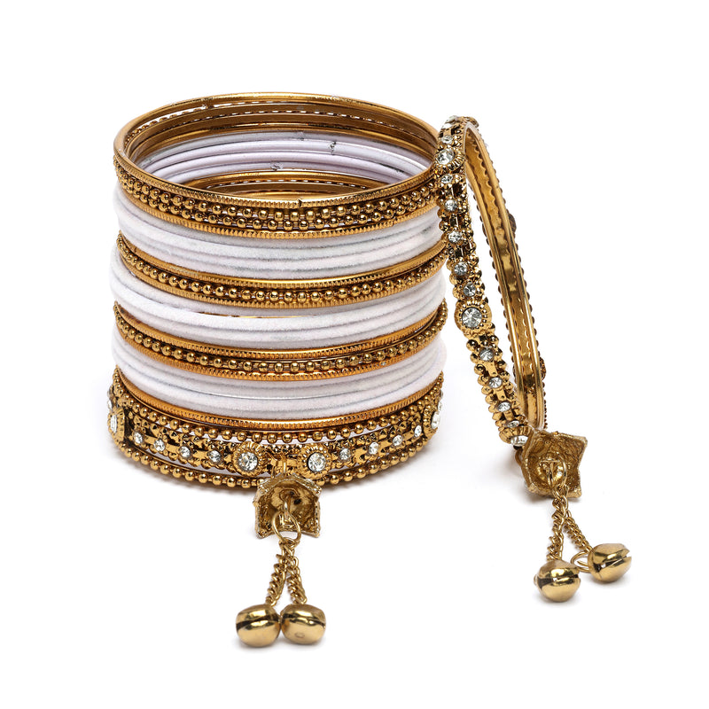 Gold-Plated Lavender Matte Finish Velvet Cz Studded Tasselled Bangles Set Of 56