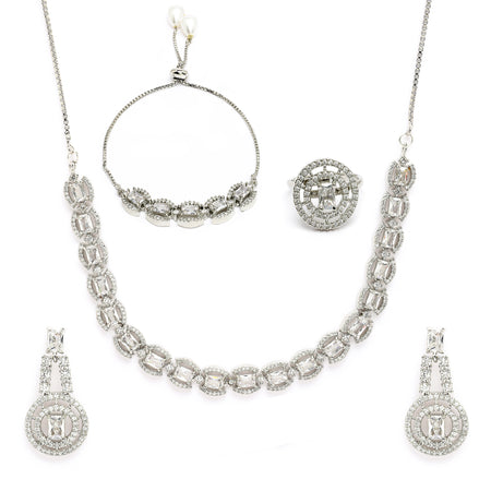 Rhodium Plated Silver Toned White American Diamond Studded Jewellery Sets Combo