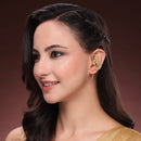 Gold Plated Antique Finish Leaf Motif Peacock Design Black Stone Pearl Drop Ear Cuff