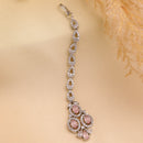 Rhodium Plated Silver Toned Pink & White American Diamond Studded Maang Tikka