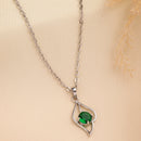 Rhodium Plated Silver Toned Green American Diamond Studded Leaf Shaped Pendant With Chain