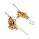 Gold Plated Antique Finish Leaf Motif Peacock Design Black Stone Pearl Drop Ear Cuff