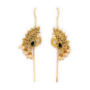 Gold Plated Antique Finish Leaf Motif Peacock Design Black Stone Pearl Drop Ear Cuff