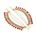 Gold Plated Designer Red Pearl Ethnic Ear Chain Earrings