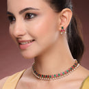 Antique Gold-Plated Traditional Temple Coin Red & Green American Diamond Studded Necklace Set