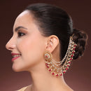 Gold Plated Designer Red Pearl Ethnic Ear Chain Earrings