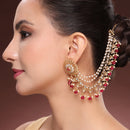 Gold Plated Designer Red Pearl Ethnic Ear Chain Earrings