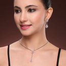 Rhodium Plated Silver Toned White American Diamond Studded Geometrical Shaped Pendant Chain Set