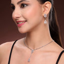 Rhodium Plated Silver Toned White American Diamond Studded Geometrical Shaped Pendant Chain Set