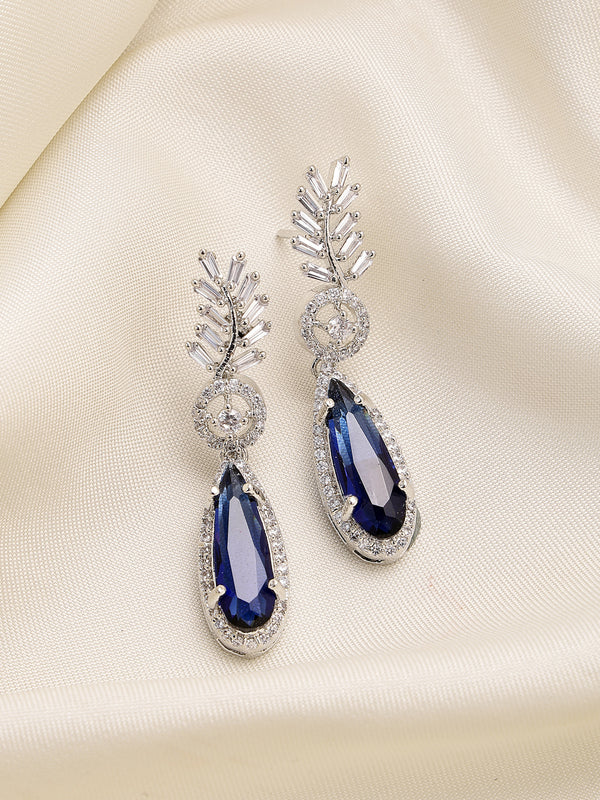 Rhodium Plated Silver Toned with Blue American Diamond Small Drop Earrings