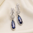 Rhodium Plated Pear Blue American Diamond Contemporary Long Drop Earrings