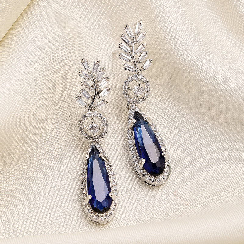 Rhodium Plated Silver Toned with Blue American Diamond Small Drop Earrings