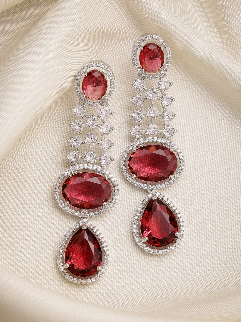 Rhodium Plated with Long Tear Drop Design Red & White American Diamond Drop Earrings