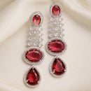 Rhodium Plated with Long Tear Drop Design Red & White American Diamond Drop Earrings