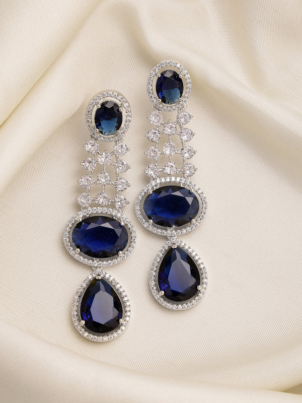 Rhodium Plated with Long Tear Drop Design Blue & White American Diamond Drop Earrings