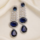 Rhodium Plated with Long Tear Drop Design Blue & White American Diamond Drop Earrings