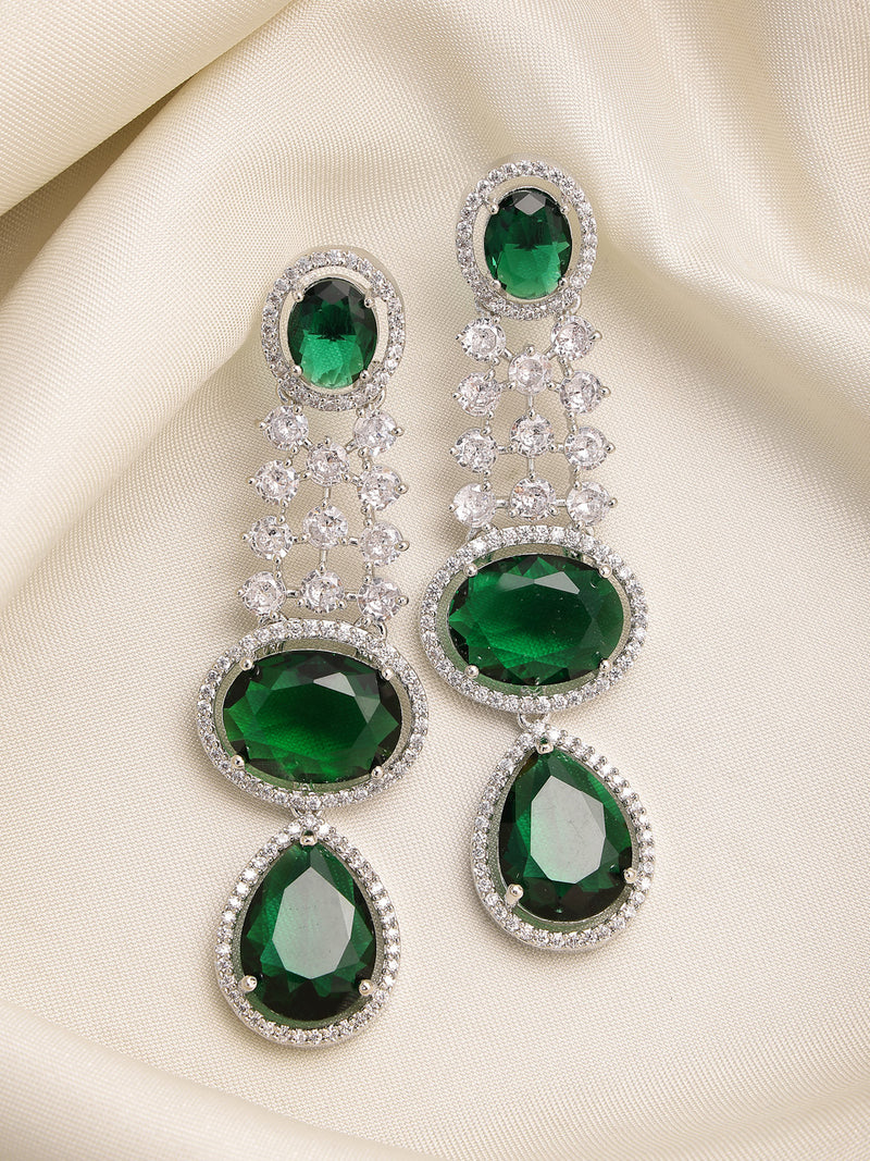 Rhodium Plated with Long Tear Drop Design Green & White American Diamond Drop Earrings