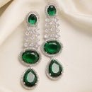 Rhodium Plated with Long Tear Drop Design Green & White American Diamond Drop Earrings