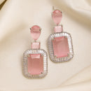 Rhodium Plated Silver Toned with Pink American Diamond Small Drop Earrings