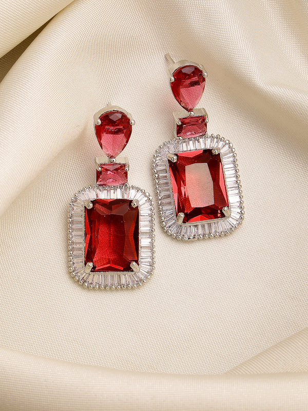 Rhodium Plated Silver Toned with Red American Diamond Small Drop Earrings