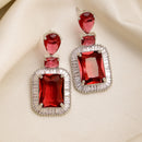 Rhodium Plated Rectangular Shape Red American Diamond Contemporary Long Drop Earrings