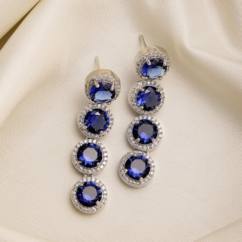 Rhodium Plated Silver Toned with Blue American Diamonds Dangler earrings