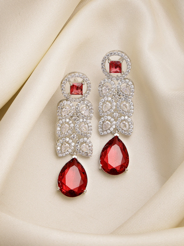 Rhodium Plated Silver Toned with Red American Diamond Small Drop Earrings