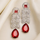Rhodium Plated Sleek Oval Red American Diamond Contemporary Long Drop Earrings