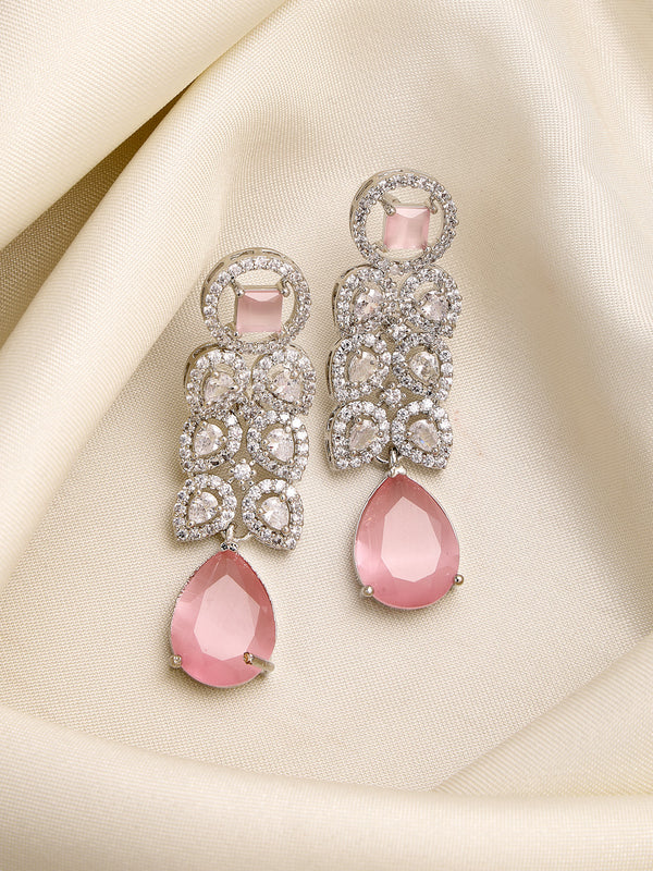 Rhodium Plated Silver Toned with Pink American Diamond Small Drop Earrings