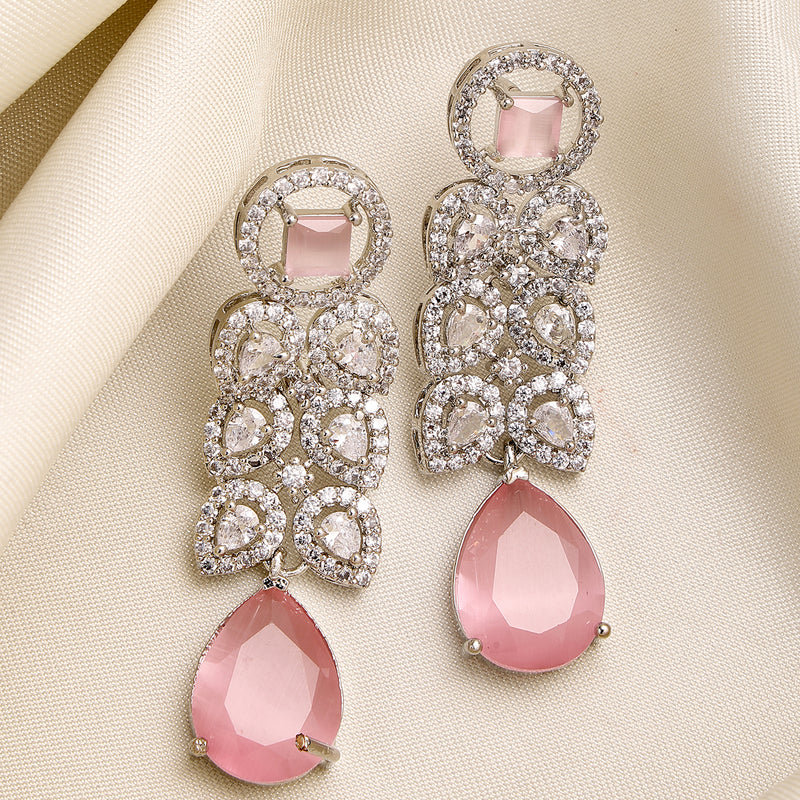 Rhodium Plated Silver Toned with Pink American Diamond Small Drop Earrings