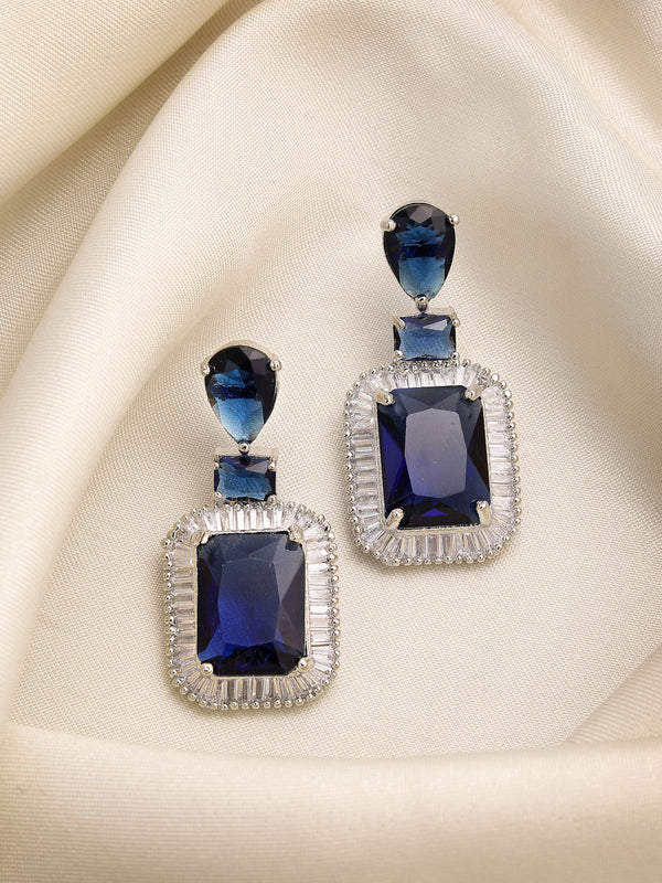 Rhodium Plated Silver Toned with Blue American Diamond Small Drop Earrings