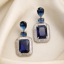 Rhodium Plated Silver Toned with Blue American Diamond Small Drop Earrings