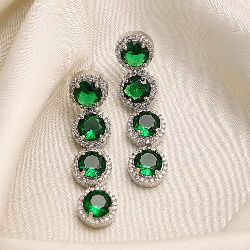 Rhodium Plated Silver Toned with Green American Diamonds Dangler earrings