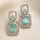 Rhodium Plated with Ocean Blue American Diamond Stylish Square Shaped Small Drop Earrings