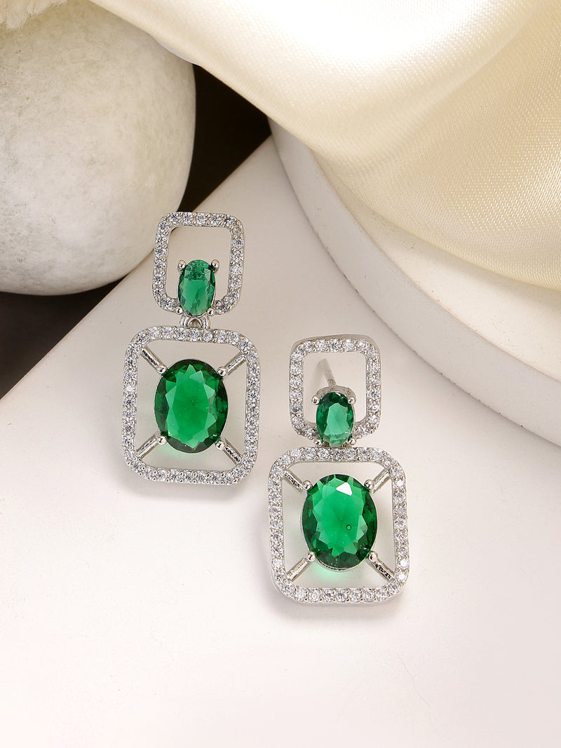 Rhodium Plated with Green American Diamond Stylish Square Shaped Small Drop Earrings