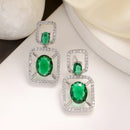 Rhodium Plated with Green American Diamond Stylish Square Shaped Small Drop Earrings