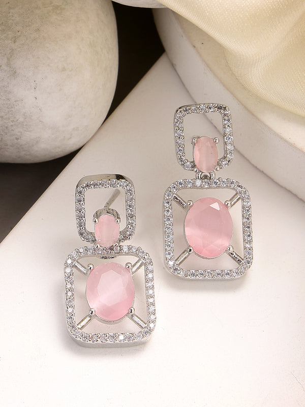 Rhodium Plated with Pink American Diamond Stylish Square Shaped Small Drop Earrings