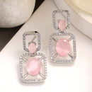 Rhodium Plated with Pink American Diamond Stylish Square Shaped Small Drop Earrings