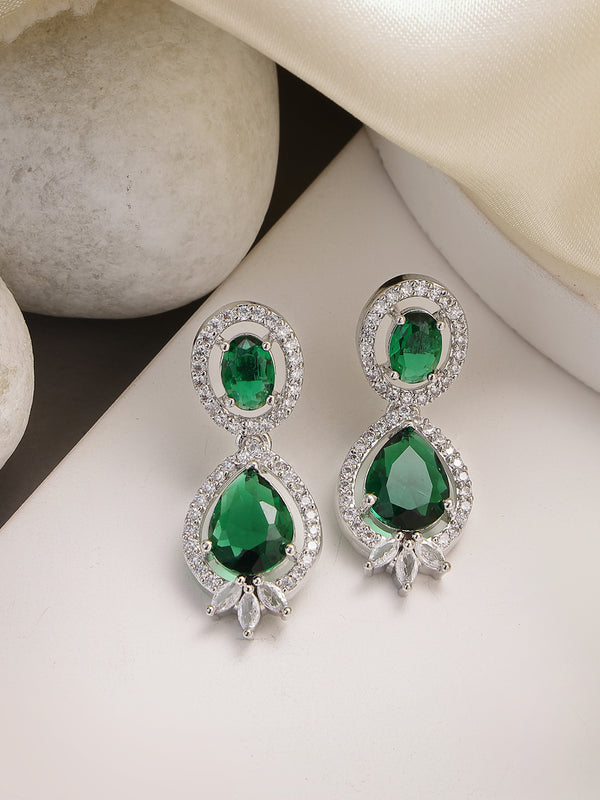 Rhodium Plated with Green & White American Diamond Small Drop Earrings