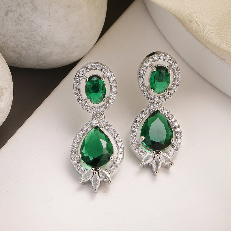 Rhodium Plated with Green & White American Diamond Small Drop Earrings