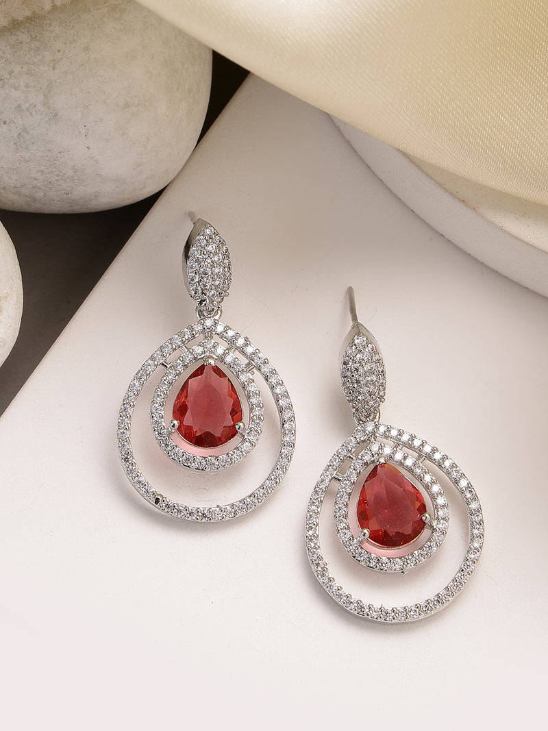 Rhodium Plated Silver Toned with Teardrop Shaped White American Diamond Drop Earrings