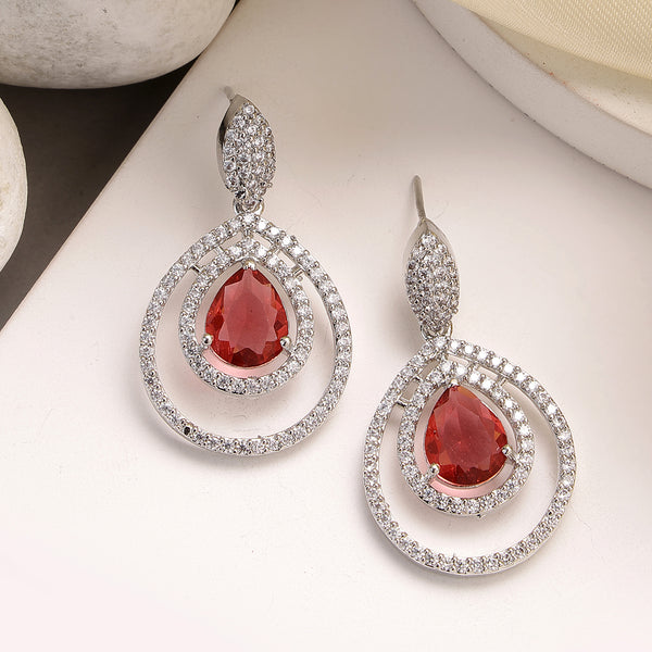 Red American Diamond Stud Earrings – Rhodium Plated Silver Toned Dangle Style