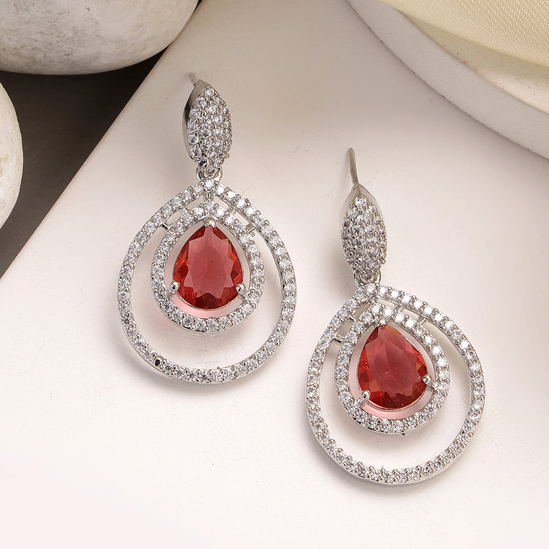 Rhodium Plated Silver Toned with Teardrop Shaped White American Diamond Drop Earrings