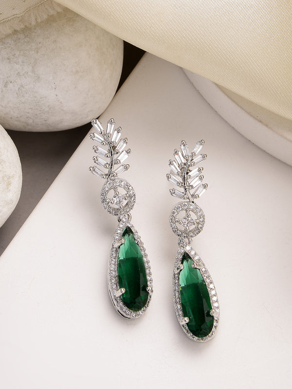 Rhodium Plated Silver Toned with Green American Diamond Small Drop Earrings